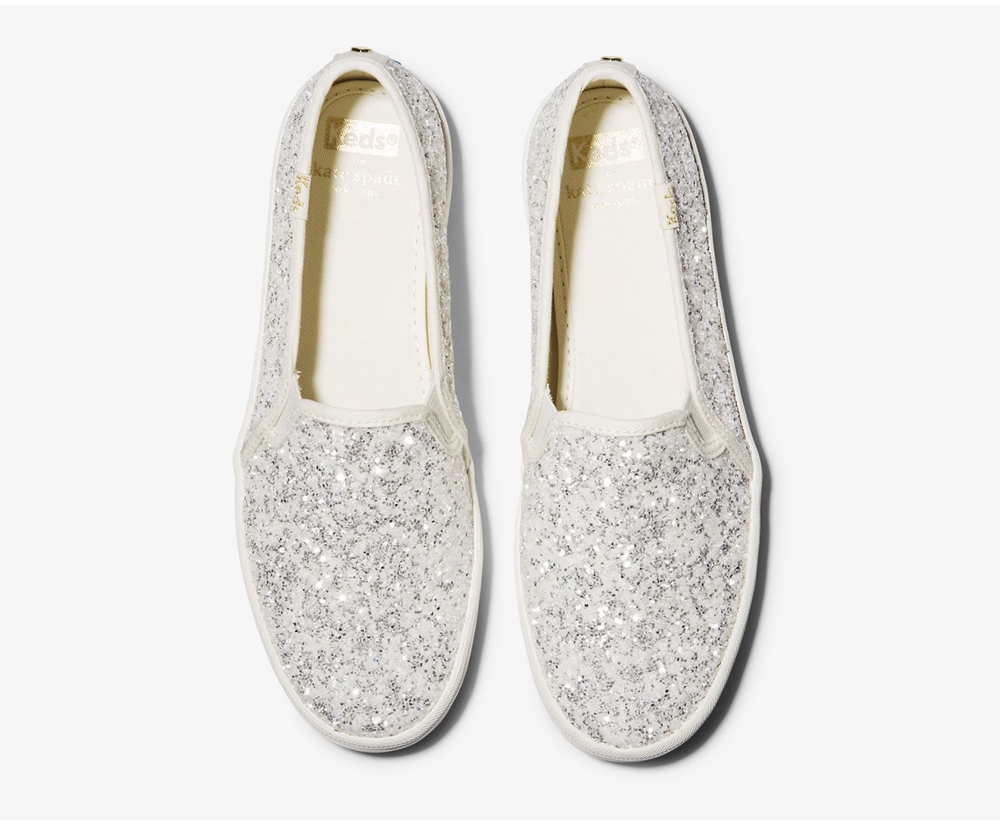 Keds Slip Ons White - Kate Spade new york Double Decker Glitter - Womens NUHYIJ-716